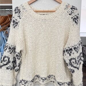 Anthropologie Pilcro Cream Crewneck Sweater with Black Patterned Accents